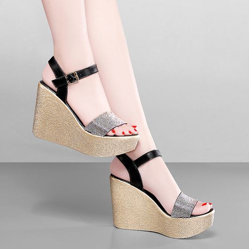 凉鞋超高高跟坡跟11cm厚底防水黑色水钻欧美时装凉鞋