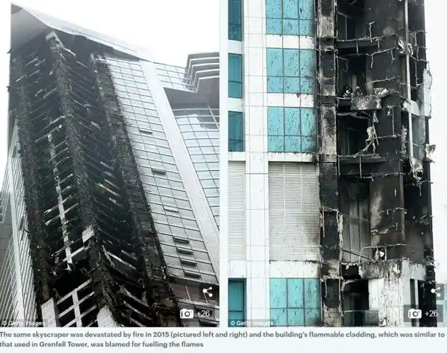 大楼表面附着的玻璃和金属就从摩天大楼的顶楼往下掉