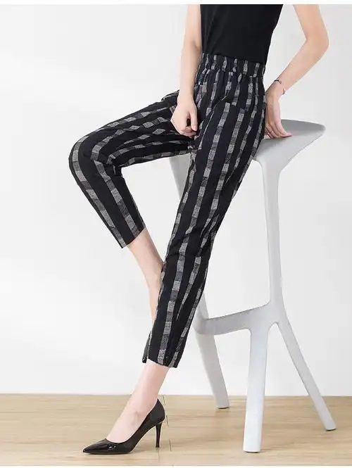 丝柏舍2021春装新款女士时尚简约显瘦九分休闲复古高腰宽松哈伦裤 黑