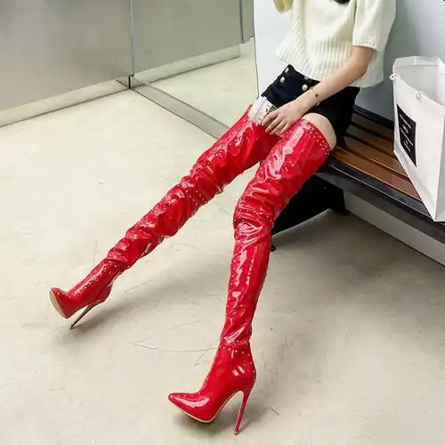 秋冬新款细跟红色白色漆皮超长过膝长靴大腿靴时尚高跟鞋钢管舞靴