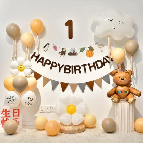 ins森系复古儿童1周岁生日装饰背景墙宝宝派对气球布置简约男女孩