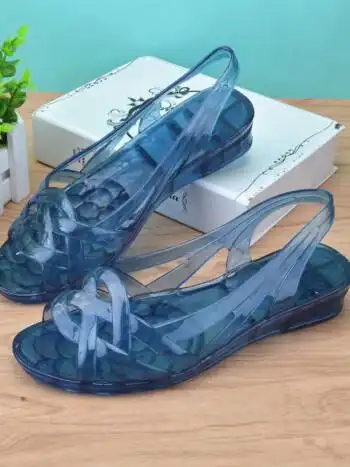 香缇莱水晶鱼嘴凉鞋女坡跟软底舒适妈妈鞋透明塑料百搭沙滩鞋女藏蓝色