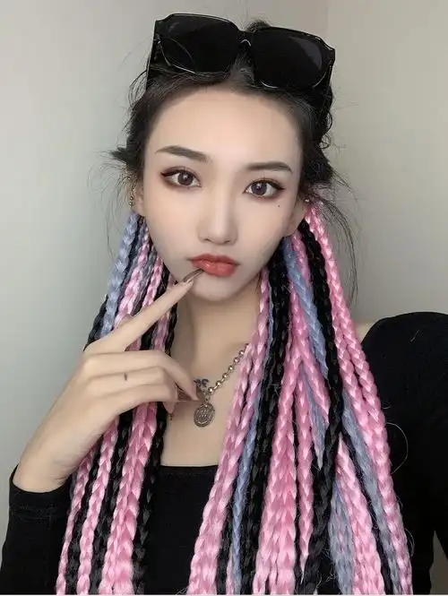 脏脏辫假发女机车彩色渐变小麻花辫子马尾双马尾假辫子发绳头饰09深
