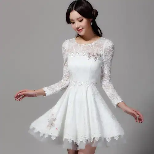 古艾思2015春装新款淑女气质镂空欧根纱连衣裙长袖白色蕾丝打底裙