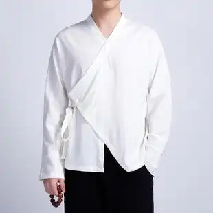 2018春秋新款长袖不规则斜襟古风汉服男青年个性棉麻潮流复古上衣