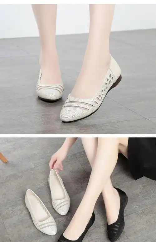 女式中老年人皮凉鞋妈妈凉皮鞋夏季镂空平底大码网纱单鞋平跟软底中年