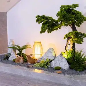 仿真迎客松雪浪石组合楼梯下造景室内枯山水景观酒店橱窗山石摆件