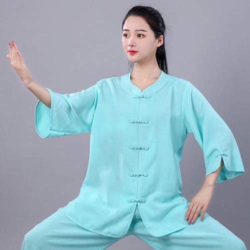 太极服女夏季棉麻中袖中国风葫芦扣中老年太极拳晨练武术练功服装薄荷