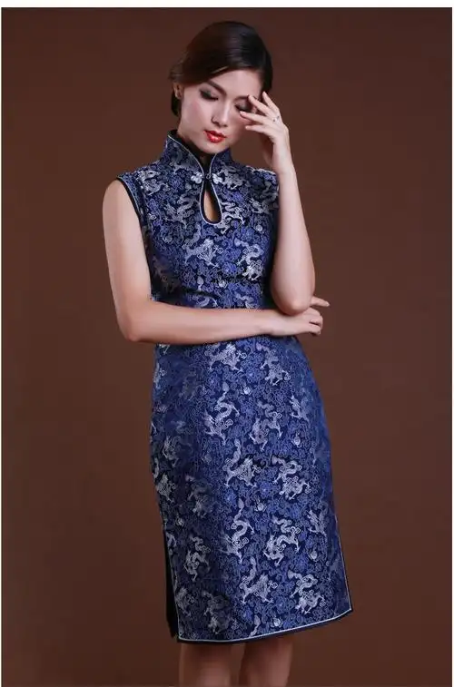 逸福旗袍织锦缎深蓝满地龙图案改良时尚款式量身定制10天发货蓝色l10