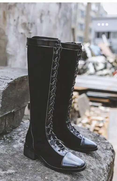 网红瘦瘦不掉长筒靴女厚底不过膝绑带长靴系带黑色骑士高筒靴子冬_精