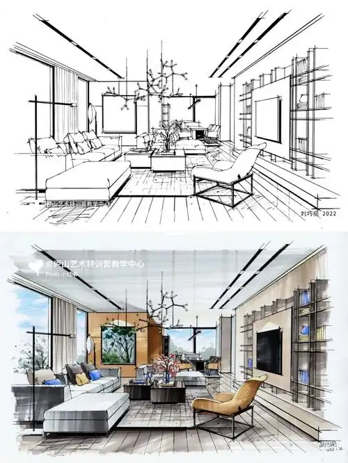 客厅空间照片写生线稿77马克笔上色