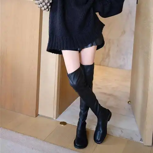 诗歌兰女鞋2021冬新款时尚百搭高筒长靴女不过膝小个子弹力瘦瘦靴