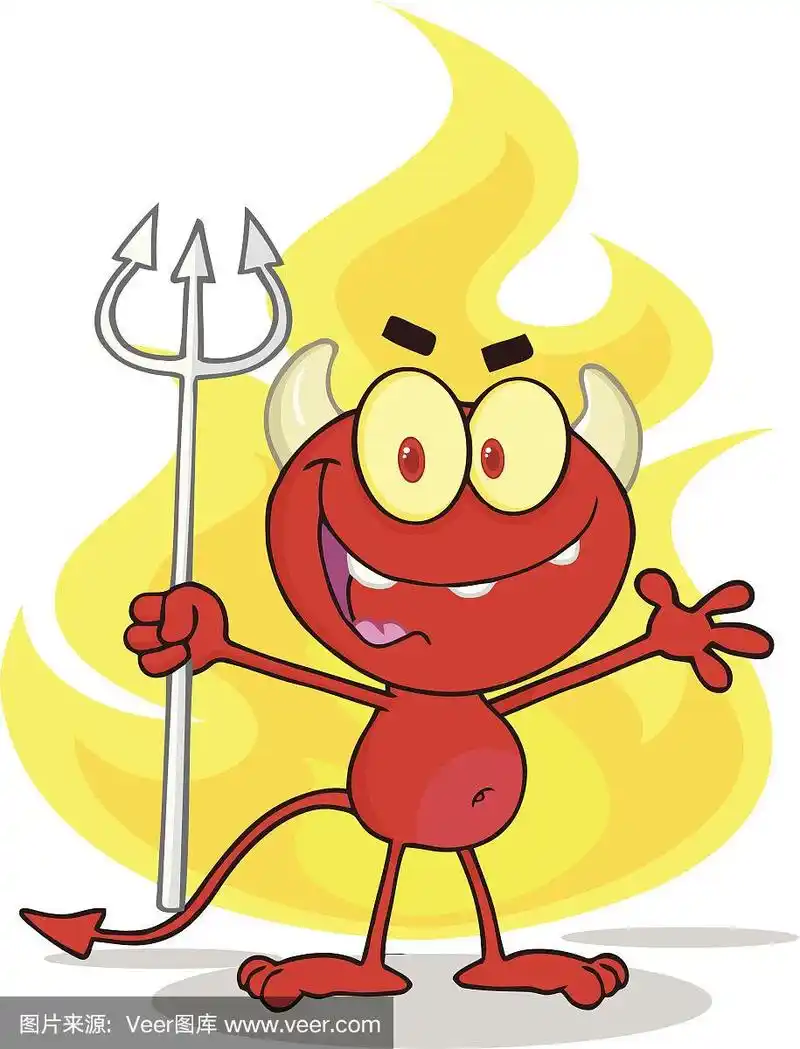 可爱的小魔鬼举着干草叉与背景火焰