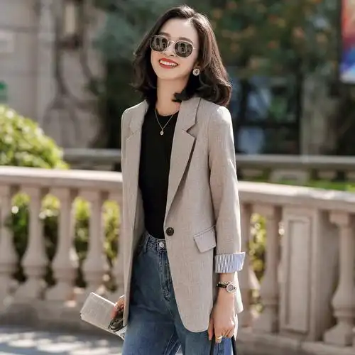 春秋季新款英伦职业装休闲黑色小西服宽松上衣七分袖中长款正装工作服