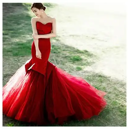 新款红色鱼尾抹胸婚纱 影楼主题服装 女生个人写真拍照摄影婚纱优惠券