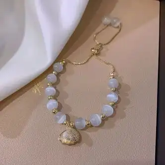 镶思玉淡水珍珠手链珍珠手链贝壳小众设计女生闺蜜简约手串感猫眼石