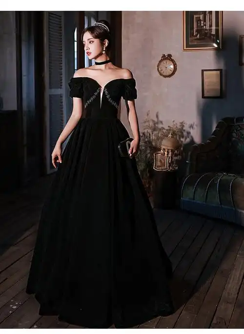 一字肩晚礼服女2022新款赫本风黑色气质年会长裙艺考主持人晚礼服