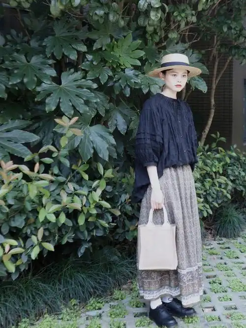 ootd日系森系娃娃衫77beams风碎花半裙穿搭