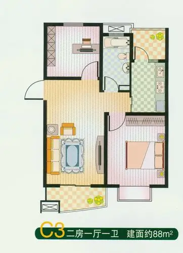 鑫都城云天绿洲户型图 二房一厅一卫,面积约88平方米 88㎡
