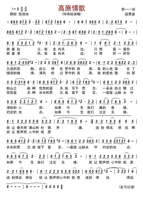 高原情歌 何伟琼 歌谱 简谱