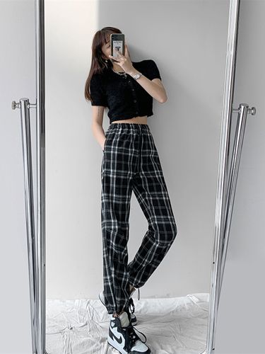 黑白格子阔腿裤女春夏季学生宽松抽绳直筒休闲裤休闲裤