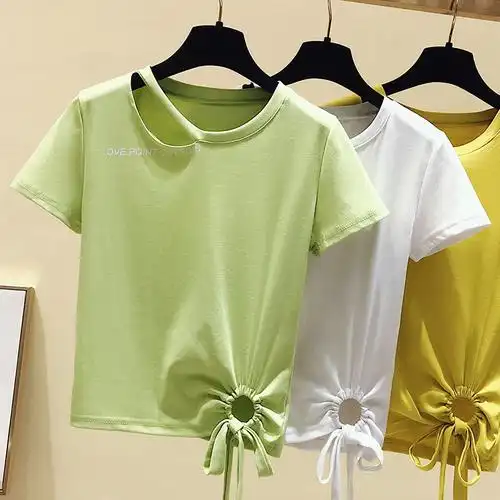 实拍下摆打结t恤女短袖短款2020夏季新款女装韩版宽松心机上衣