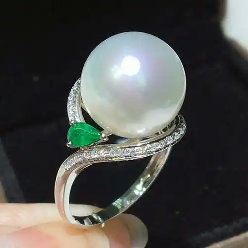 天然澳白珍珠戒指18k金钻石祖母绿镶嵌珠子正圆强光基本无暇皮光好