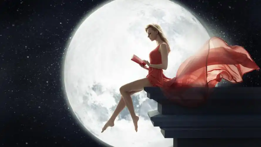 艺术摄影,红色衣服金发女孩在月光下读书 3840x2160 uhd 4k 高清壁纸