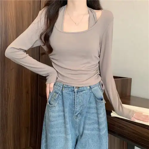 实拍#新款设计感挂脖圆领修身显瘦上衣女收紧绳打底衫