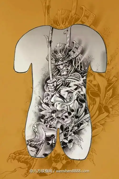 河间市汽配城老板的男生满背鬼武士纹身手稿图案图片参照