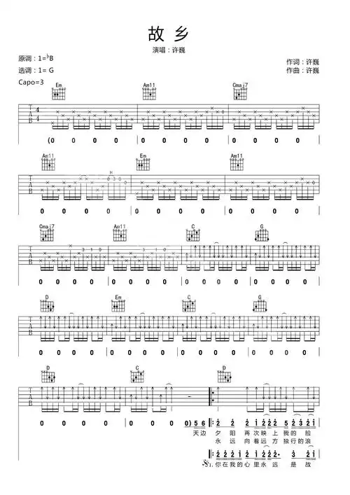 许巍《故乡》吉他谱_原版带前奏插图