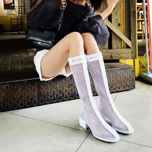 高筒凉长筒白色黑白网靴性感网红罗马真皮镂空时装凉鞋
