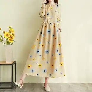 复古文艺范棉麻连衣裙春夏季长款刺绣花粗布麻料长裙子宽松森女系