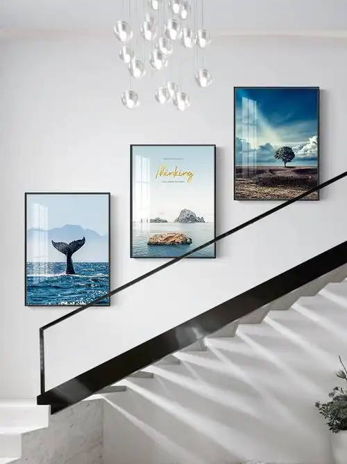 现代简约楼梯挂画复式楼梯走廊墙面装饰画简约三联画客厅玄关挂画