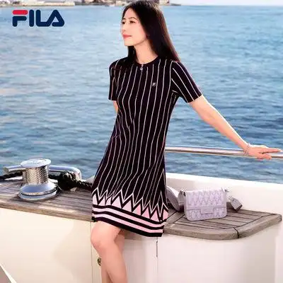 1fila斐乐官方高圆圆同款女士连衣裙2021夏季新款时尚运动条纹