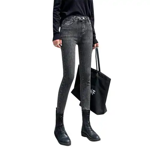 实拍女秋双扣新款高腰2020韩版百搭修身显瘦显高九分烟灰色牛仔裤