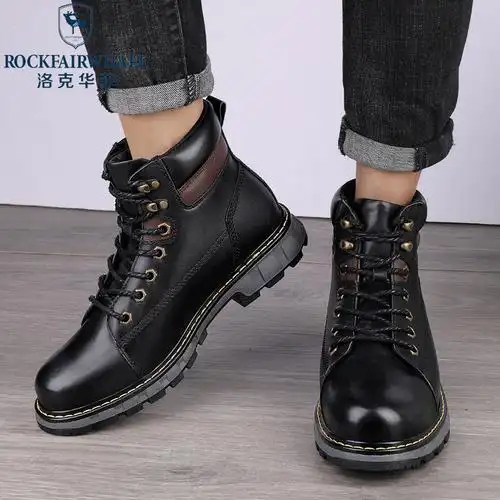 洛克华菲马丁靴男款新款男士高帮工装靴子英伦风中帮加绒黑色皮靴子