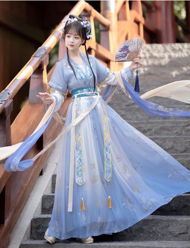 觅靓裳汉服女装唐朝新款唐制演出服装中国舞公主汉服 蓝色全套[披帛]