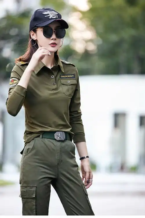 陆战队野战军迷服装2022新款春秋季迷彩长袖t恤女潮工装上衣显瘦弹力