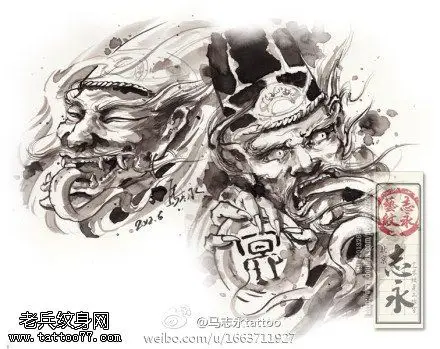 个性半甲头像手稿黑白无常个性经典的黑白无常半甲纹身手稿tag标签