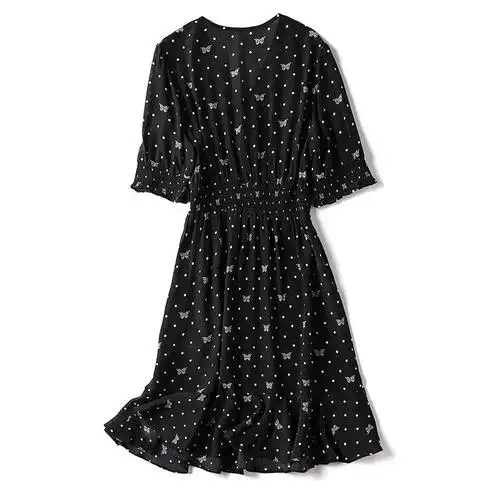 2021新款潮夏季显瘦中长裙短袖甜美温柔风修身桑蚕真丝连衣裙女装