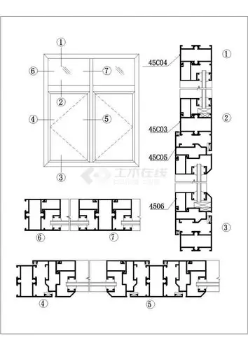 某内平开窗cad完整设计构造图,内容包括:各方位的平面图 ,立面图和