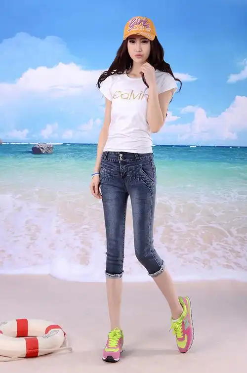 韩版中腰牛仔七分裤 修身百搭学院女夏显瘦小脚7分裤大码牛仔中裤图片
