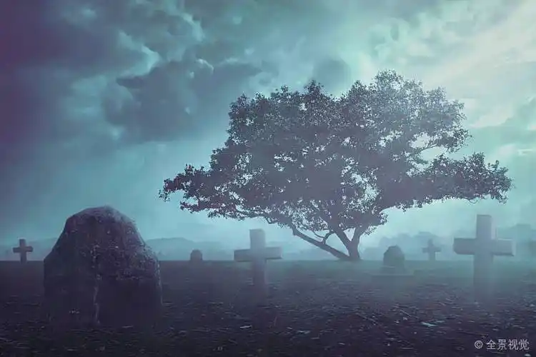 怪异_墓地_场景_蓝色_概念_恐怖_树_雾_悚然_云_图片素材