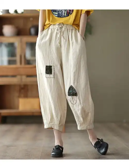 外贸法国单夏季复古贴布棉麻裤大码女裤休闲萝卜裤胖mm亚麻哈伦