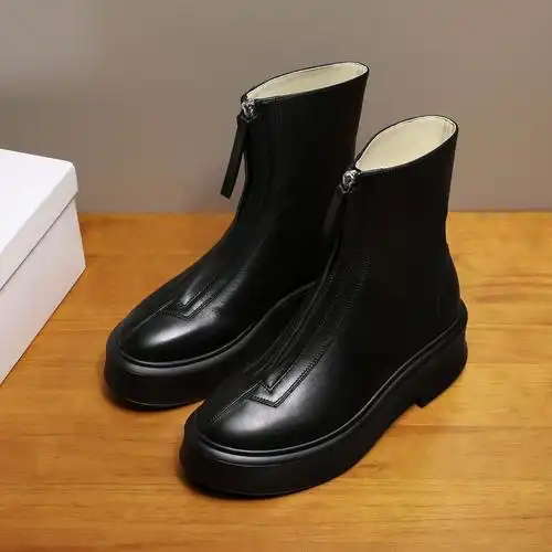 厚底短靴前拉链倒靴真皮女靴子短筒春秋单靴tr增高