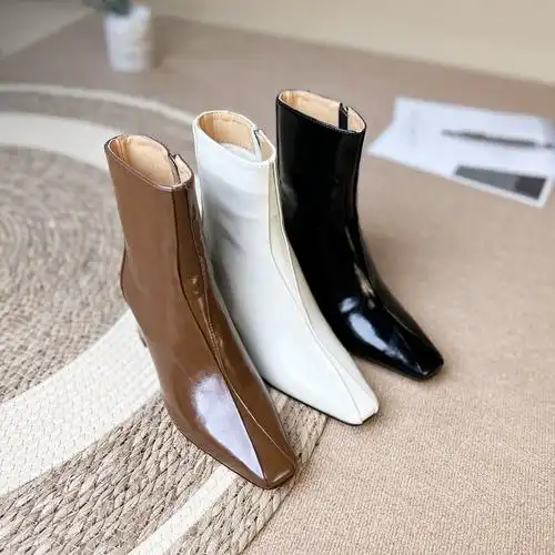 真皮女靴子粗跟时尚 百搭瘦瘦靴牛皮方头短靴中跟