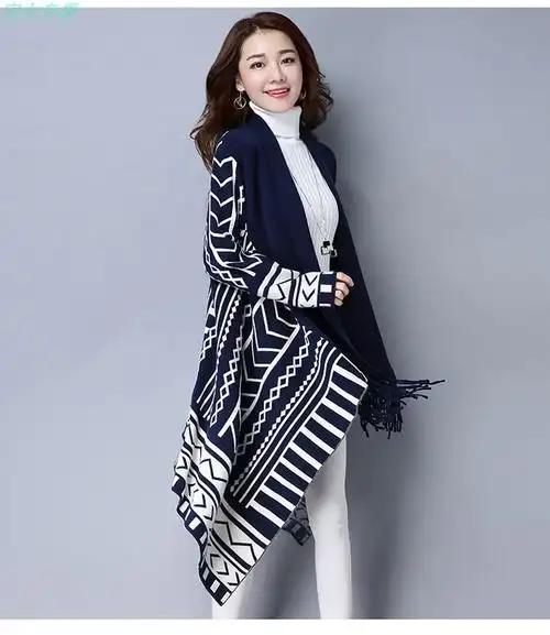 带袖披肩女秋冬款可穿斗篷开衫条纹长袖宽松中长针织衫流苏外搭黑色80