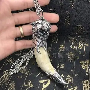 925纯银定做加工纯银牙套镶嵌纯手工包牙爪子大牙齿老虎银套吊坠