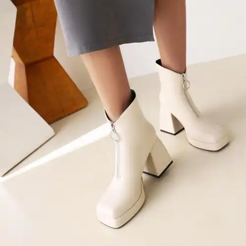 秋冬方头米白色靴子女粗跟高跟短靴前拉链厚底马丁靴大码女靴 hc